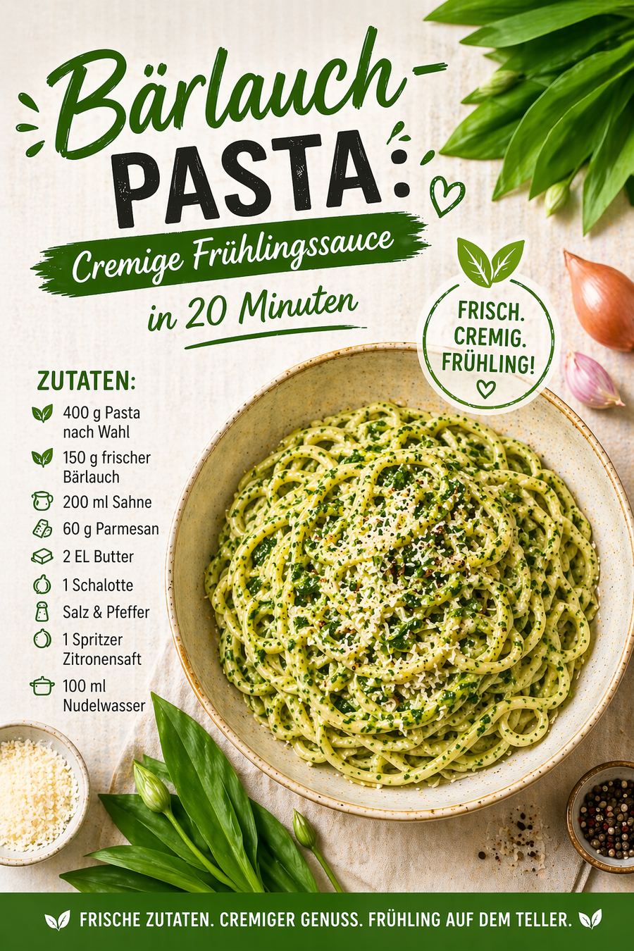 Pinterest Pin: Bärlauch-Pasta: Cremige Frühlingssauce in 20 Minuten