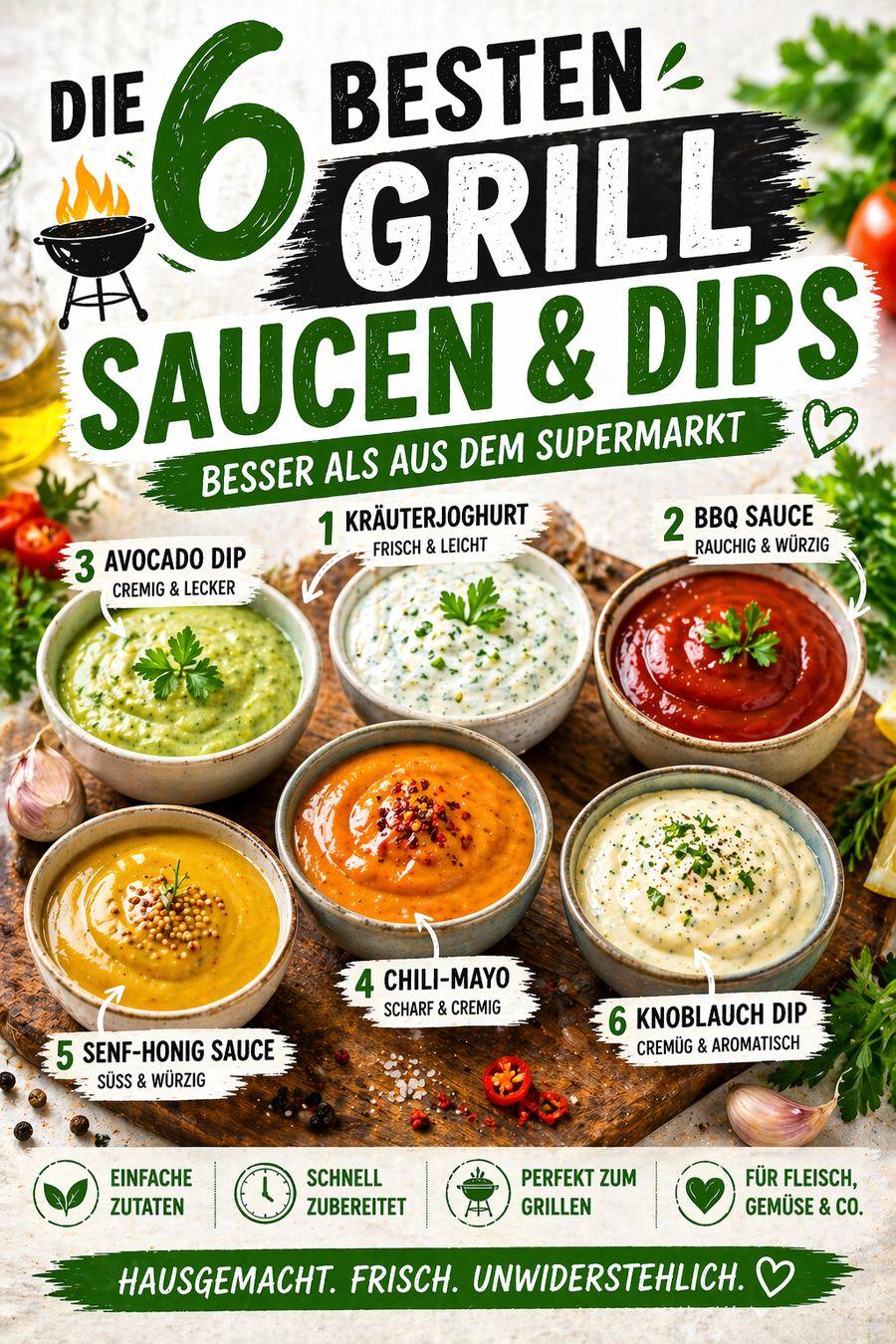 Pinterest Pin: Die 6 besten Grillsaucen & Dips – Besser als aus dem Supermarkt