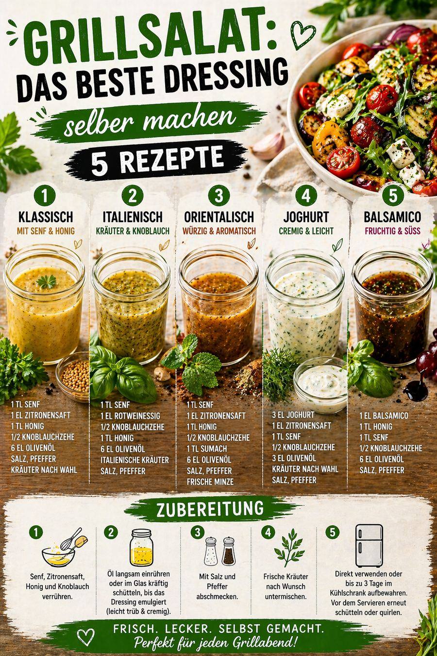 Pinterest Pin: Grillsalat: Das beste Dressing selber machen – 5 Rezepte
