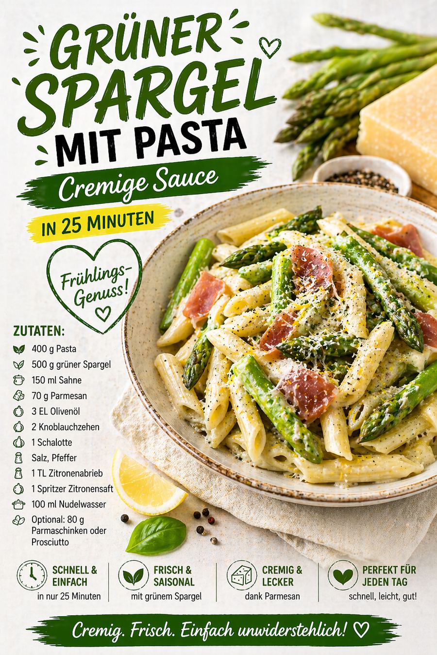 Pinterest Pin: Grüner Spargel mit Pasta: Cremige Sauce in 25 Minuten