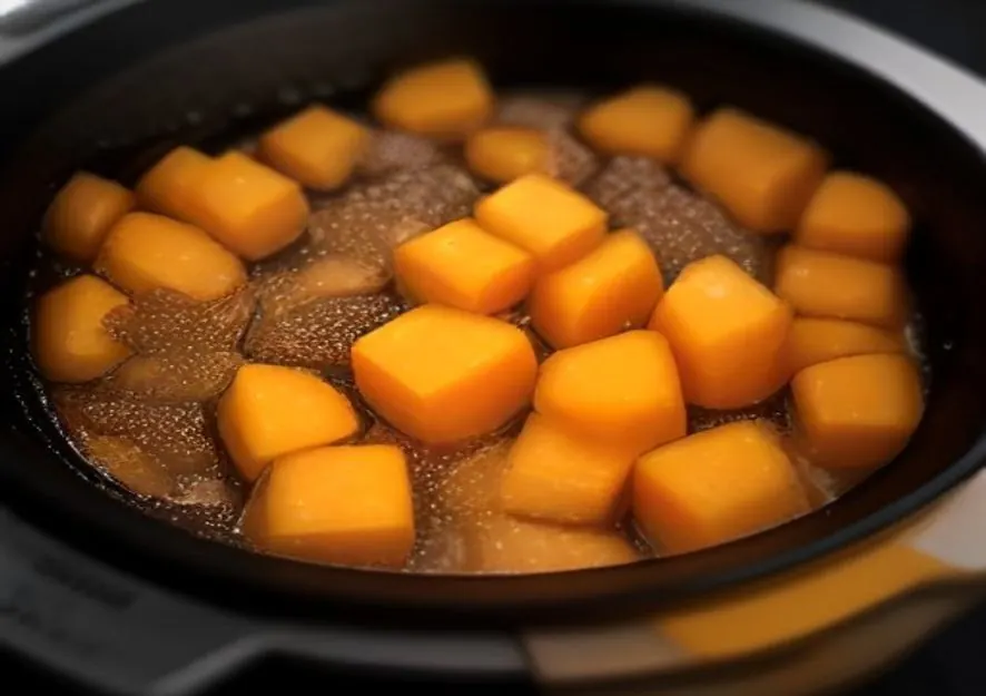 Hokkaido-Kürbiswürfel braten für cremige Kürbissuppe