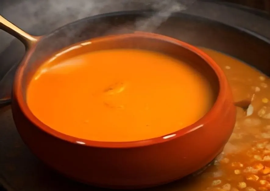 Cremige Kürbissuppe mit Kelle servieren