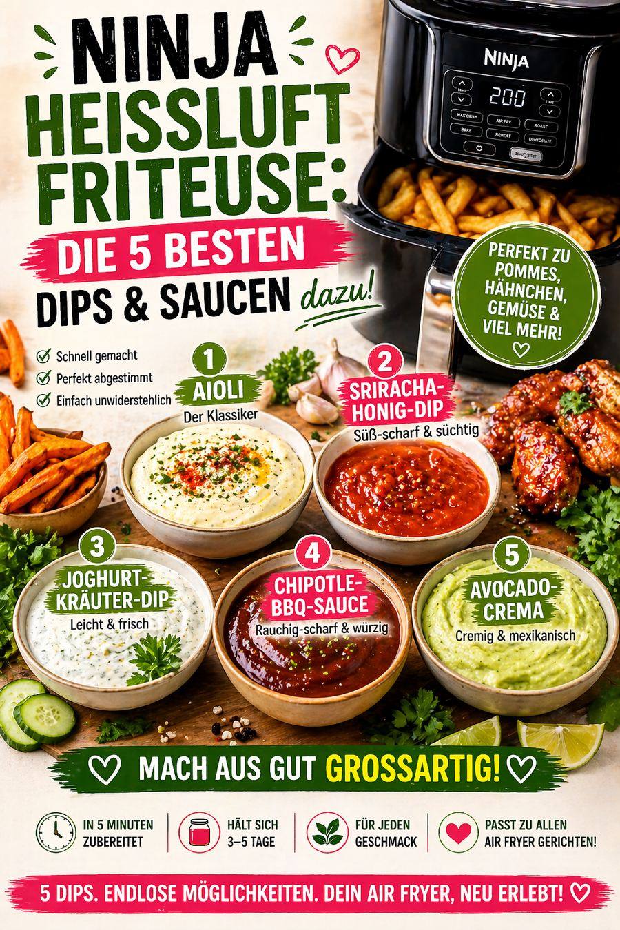 Ninja Heißluftfriteuse: Die 5 besten Dips & Saucen dazu – Dip Rezept – selber machen