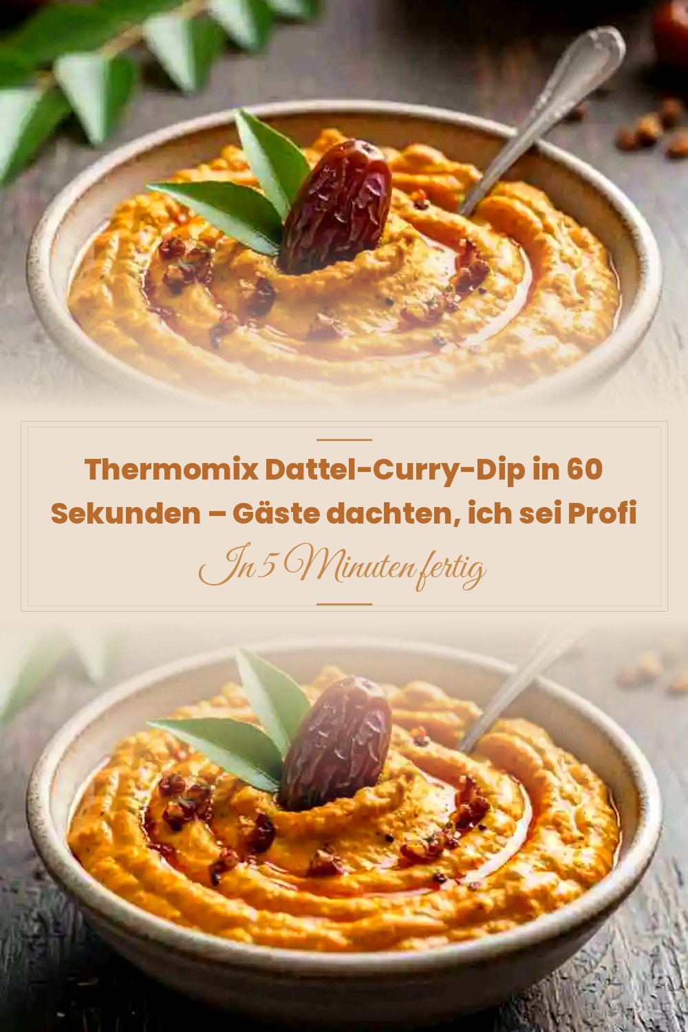 Pinterest Pin: Thermomix Dattel-Curry-Dip in 60 Sekunden – Gäste dachten, ich sei Profi