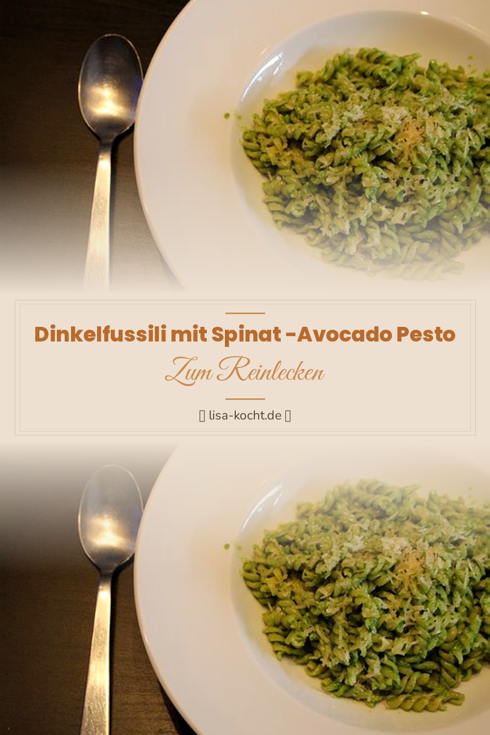 Pinterest Pin: Dinkelfusilli mit Spinat-Avocado-Pesto – Grün & cremig