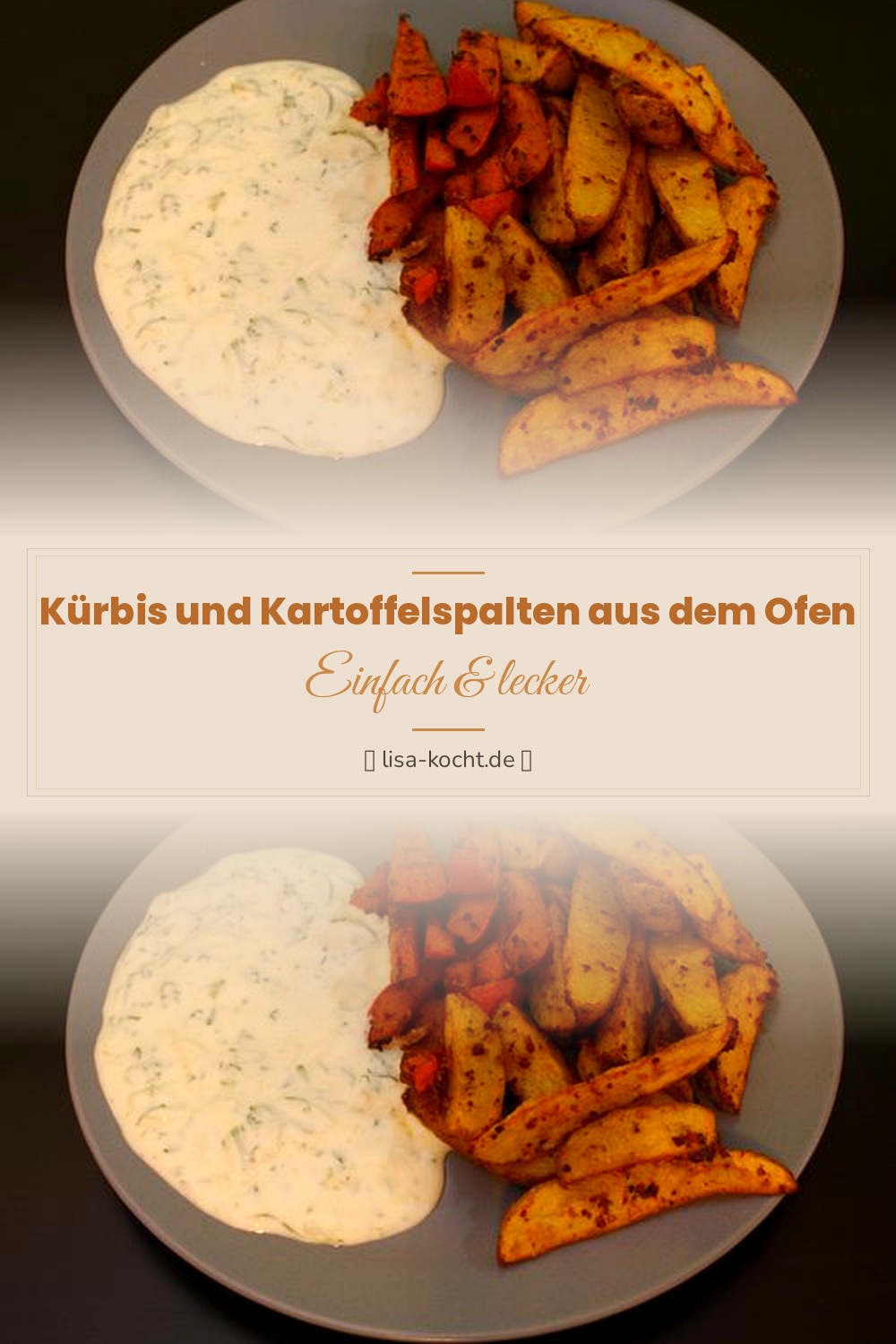 Pinterest Pin: Kürbis und Kartoffelspalten aus dem Ofen