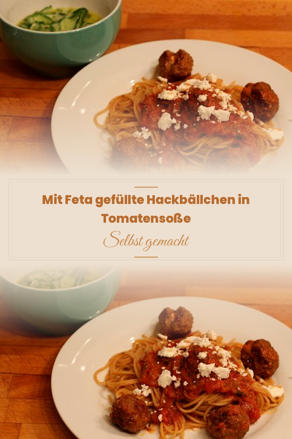 Pinterest Pin: Mit Feta gefüllte Hackbällchen in Tomatensoße