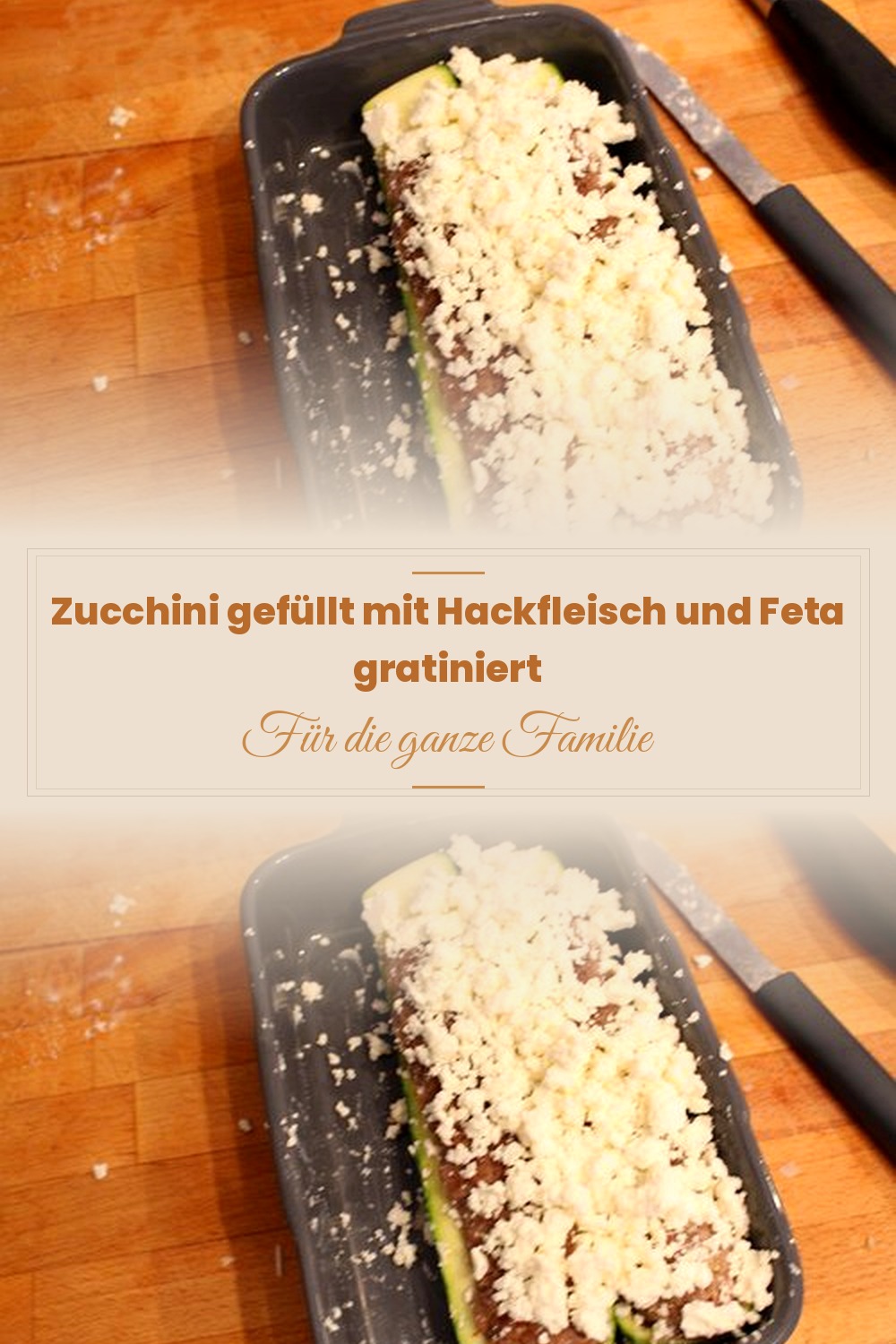 Pinterest Pin: Zucchini gefüllt mit Hackfleisch und Feta gratiniert