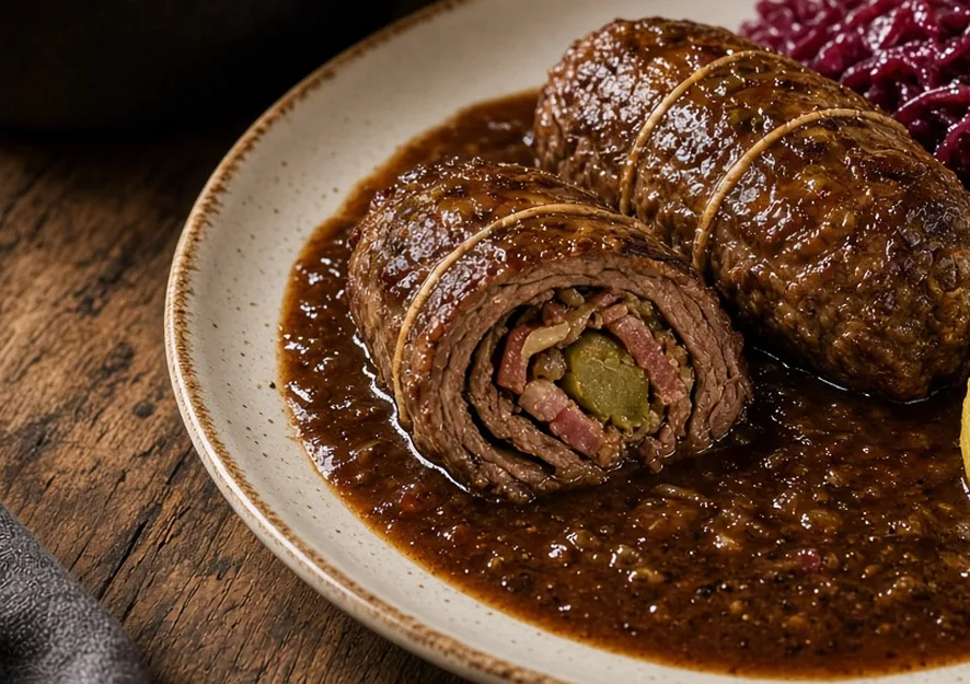 Angeschnittene Rinderroulade mit Gewürzgurke und Speck in dunkler Soße