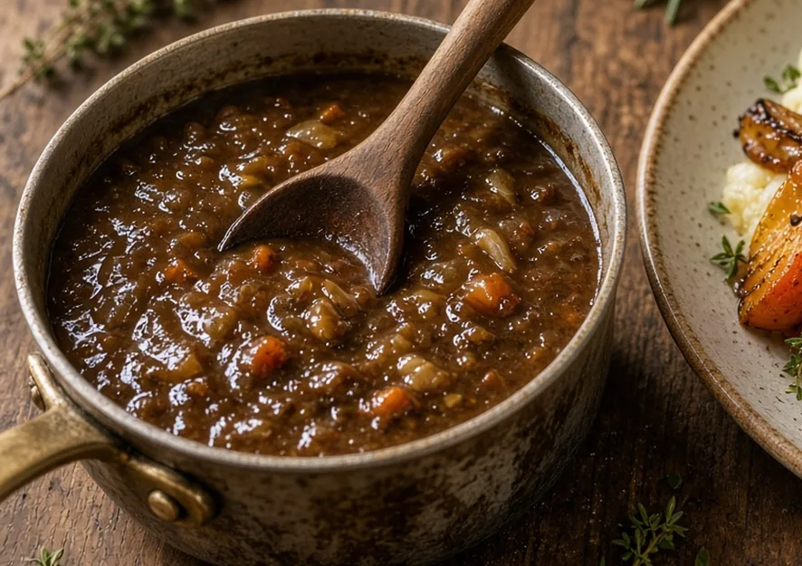 Dunkle vegane Bratensoße mit Gemüsestückchen im Topf