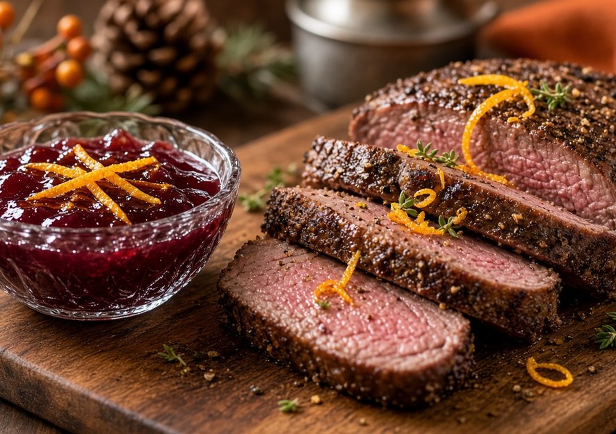 Cumberlandsauce mit feinen Orangenstreifen in einem Glasschälchen neben Wildbraten und Orangenscheiben