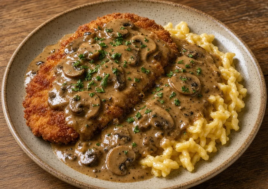 Cremige Jägersoße mit Champignons über paniertem Schnitzel mit Spätzle
