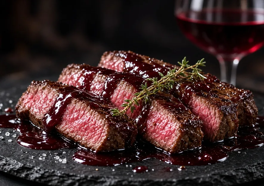 Glänzende dunkle Rotweinsoße wird über aufgeschnittenes rosa Rindersteak gelöffelt